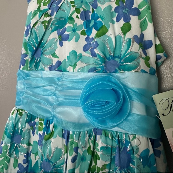 NWT Bonnie Jean Turquoise Floral Ballon Hem Dress Sz 16 - Picture 4 of 15
